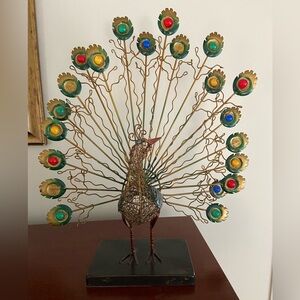Vintage PIER 1 Metal Sculpture PEACOCK with colorful glass beads and Wire Work